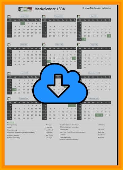 thumbnail jaarkalender voor het jaar 1834 in papierformaat A4 Staand Landscape en bestandsformaat PDF Adobe Acrobat met Feestdagen België 