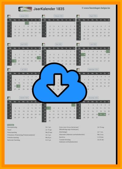 thumbnail jaarkalender voor het jaar 1835 in papierformaat A4 Staand Landscape en bestandsformaat PDF Adobe Acrobat met Feestdagen België 