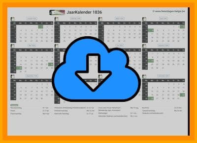 thumbnail jaarkalender voor het jaar 1836 in papierformaat A4 Liggend Landscape en bestandsformaat PDF Adobe Acrobat met Feestdagen België 