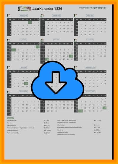 thumbnail jaarkalender voor het jaar 1836 in papierformaat A4 Staand Landscape en bestandsformaat PDF Adobe Acrobat met Feestdagen België 