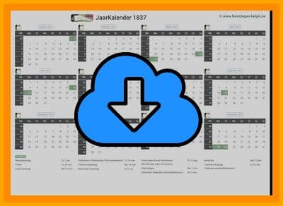 thumbnail jaarkalender voor het jaar 1837 in papierformaat A4 Liggend Landscape en bestandsformaat PDF Adobe Acrobat met Feestdagen België 