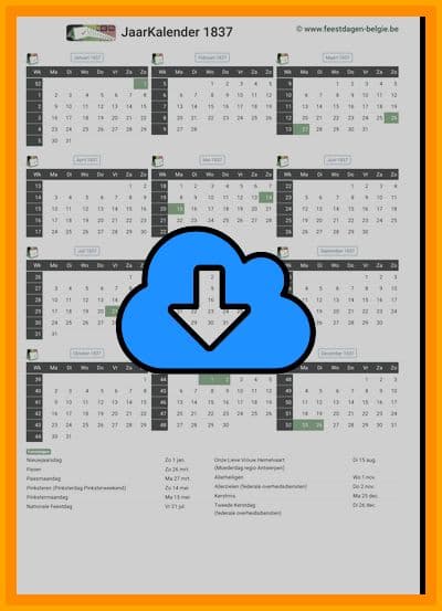 thumbnail jaarkalender voor het jaar 1837 in papierformaat A4 Staand Landscape en bestandsformaat PDF Adobe Acrobat met Feestdagen België 