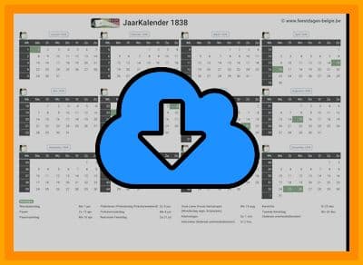 thumbnail jaarkalender voor het jaar 1838 in papierformaat A4 Liggend Landscape en bestandsformaat PDF Adobe Acrobat met Feestdagen België 