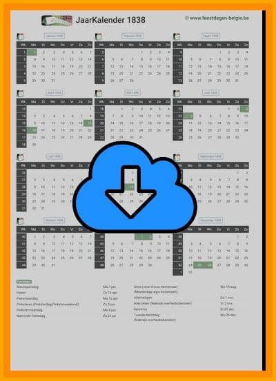 thumbnail jaarkalender voor het jaar 1838 in papierformaat A4 Staand Landscape en bestandsformaat PDF Adobe Acrobat met Feestdagen België 