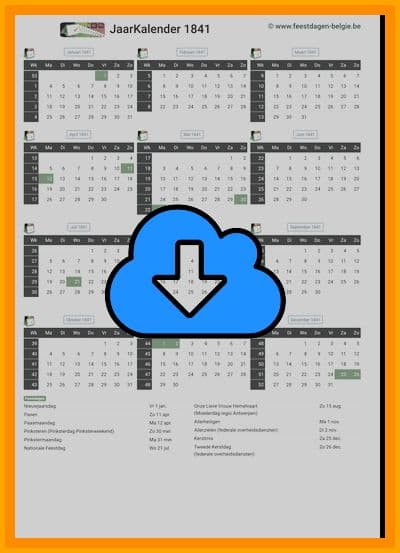 thumbnail jaarkalender voor het jaar 1841 in papierformaat A4 Staand Landscape en bestandsformaat PDF Adobe Acrobat met Feestdagen België 