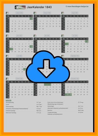 thumbnail jaarkalender voor het jaar 1843 in papierformaat A4 Staand Landscape en bestandsformaat PDF Adobe Acrobat met Feestdagen België 