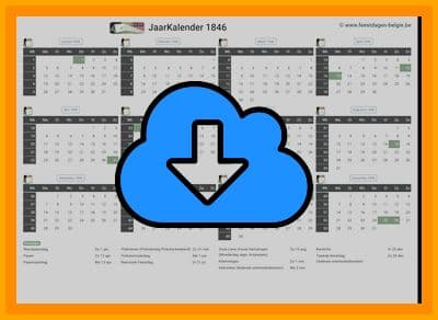 thumbnail jaarkalender voor het jaar 1846 in papierformaat A4 Liggend Landscape en bestandsformaat PDF Adobe Acrobat met Feestdagen België 