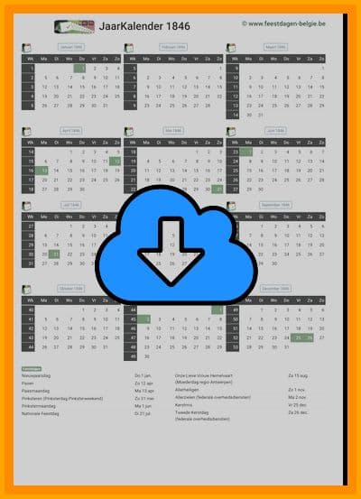 thumbnail jaarkalender voor het jaar 1846 in papierformaat A4 Staand Landscape en bestandsformaat PDF Adobe Acrobat met Feestdagen België 