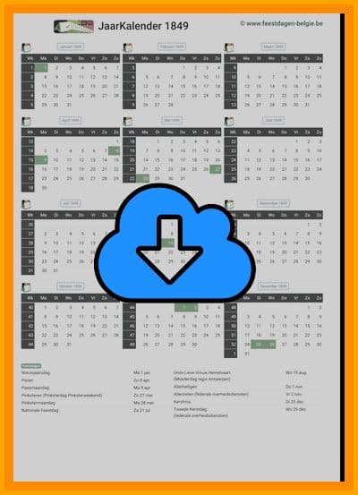 thumbnail jaarkalender voor het jaar 1849 in papierformaat A4 Staand Landscape en bestandsformaat PDF Adobe Acrobat met Feestdagen België 