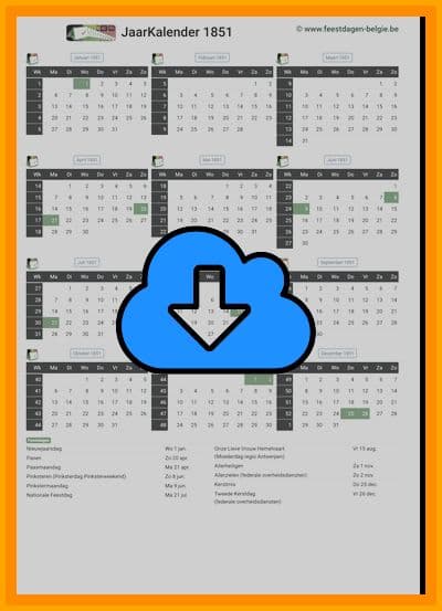 thumbnail jaarkalender voor het jaar 1851 in papierformaat A4 Staand Landscape en bestandsformaat PDF Adobe Acrobat met Feestdagen België 