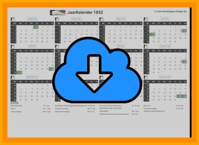 thumbnail jaarkalender voor het jaar 1852 in papierformaat A4 Liggend Landscape en bestandsformaat PDF Adobe Acrobat met Feestdagen België 