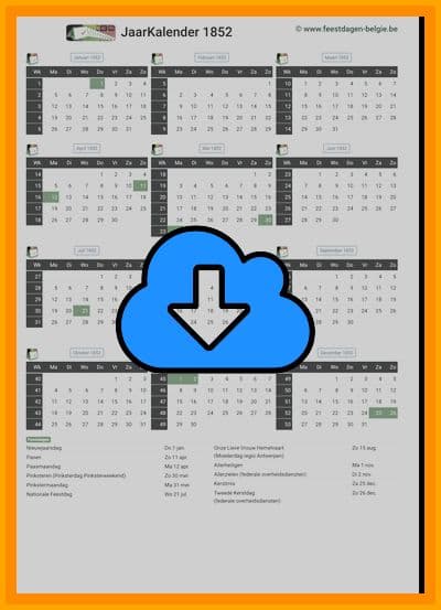 thumbnail jaarkalender voor het jaar 1852 in papierformaat A4 Staand Landscape en bestandsformaat PDF Adobe Acrobat met Feestdagen België 