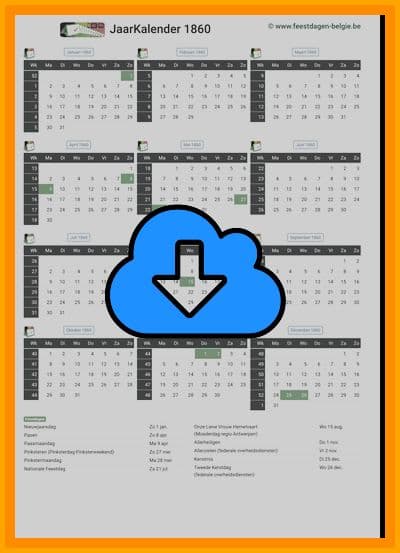 thumbnail jaarkalender voor het jaar 1860 in papierformaat A4 Staand Landscape en bestandsformaat PDF Adobe Acrobat met Feestdagen België 