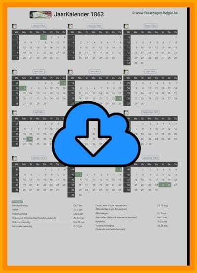 thumbnail jaarkalender voor het jaar 1863 in papierformaat A4 Staand Landscape en bestandsformaat PDF Adobe Acrobat met Feestdagen België 