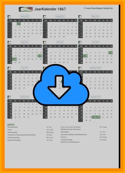 thumbnail jaarkalender voor het jaar 1867 in papierformaat A4 Staand Landscape en bestandsformaat PDF Adobe Acrobat met Feestdagen België 