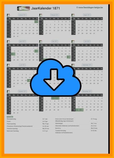 thumbnail jaarkalender voor het jaar 1871 in papierformaat A4 Staand Landscape en bestandsformaat PDF Adobe Acrobat met Feestdagen België 