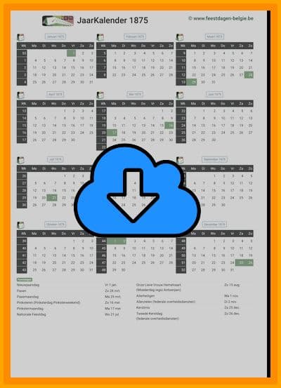 thumbnail jaarkalender voor het jaar 1875 in papierformaat A4 Staand Landscape en bestandsformaat PDF Adobe Acrobat met Feestdagen België 