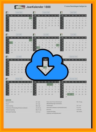 thumbnail jaarkalender voor het jaar 1888 in papierformaat A4 Staand Landscape en bestandsformaat PDF Adobe Acrobat met Feestdagen België 