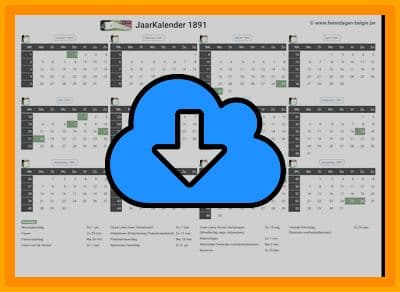 thumbnail jaarkalender voor het jaar 1891 in papierformaat A4 Liggend Landscape en bestandsformaat PDF Adobe Acrobat met Feestdagen België 