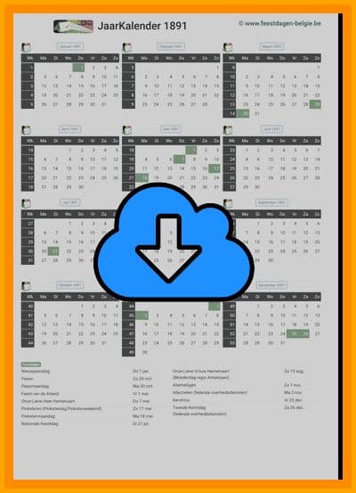 thumbnail jaarkalender voor het jaar 1891 in papierformaat A4 Staand Landscape en bestandsformaat PDF Adobe Acrobat met Feestdagen België 