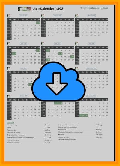 thumbnail jaarkalender voor het jaar 1893 in papierformaat A4 Staand Landscape en bestandsformaat PDF Adobe Acrobat met Feestdagen België 