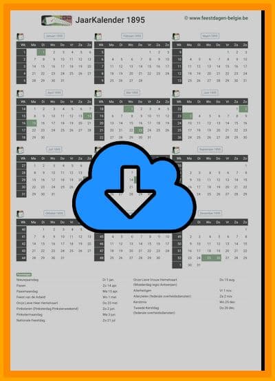 thumbnail jaarkalender voor het jaar 1895 in papierformaat A4 Staand Landscape en bestandsformaat PDF Adobe Acrobat met Feestdagen België 