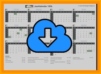 thumbnail jaarkalender voor het jaar 1896 in papierformaat A4 Liggend Landscape en bestandsformaat PDF Adobe Acrobat met Feestdagen België 