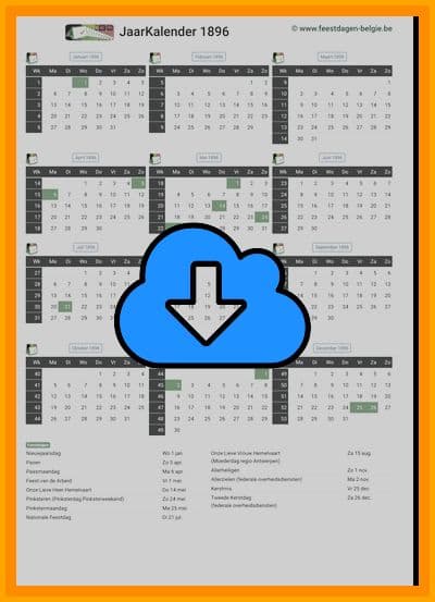 thumbnail jaarkalender voor het jaar 1896 in papierformaat A4 Staand Landscape en bestandsformaat PDF Adobe Acrobat met Feestdagen België 