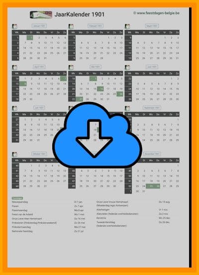 thumbnail jaarkalender voor het jaar 1901 in papierformaat A4 Staand Landscape en bestandsformaat PDF Adobe Acrobat met Feestdagen België 