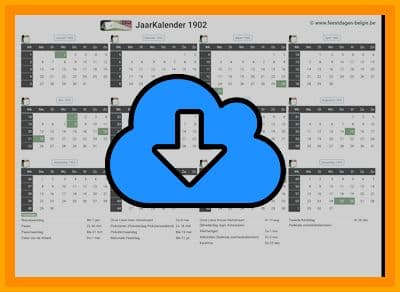 thumbnail jaarkalender voor het jaar 1902 in papierformaat A4 Liggend Landscape en bestandsformaat PDF Adobe Acrobat met Feestdagen België 