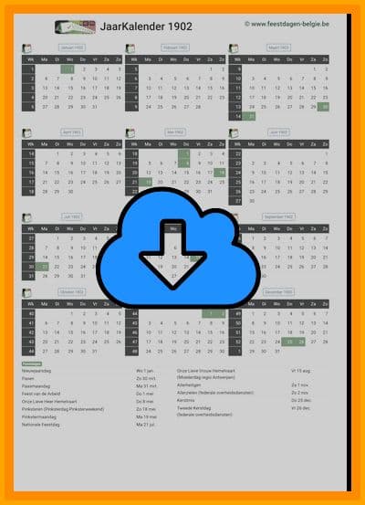 thumbnail jaarkalender voor het jaar 1902 in papierformaat A4 Staand Landscape en bestandsformaat PDF Adobe Acrobat met Feestdagen België 