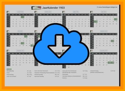 thumbnail jaarkalender voor het jaar 1903 in papierformaat A4 Liggend Landscape en bestandsformaat PDF Adobe Acrobat met Feestdagen België 