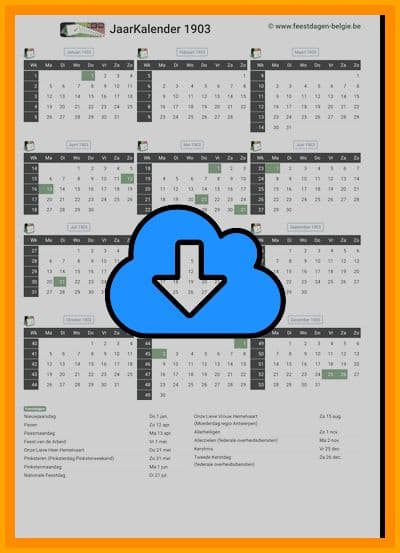 thumbnail jaarkalender voor het jaar 1903 in papierformaat A4 Staand Landscape en bestandsformaat PDF Adobe Acrobat met Feestdagen België 