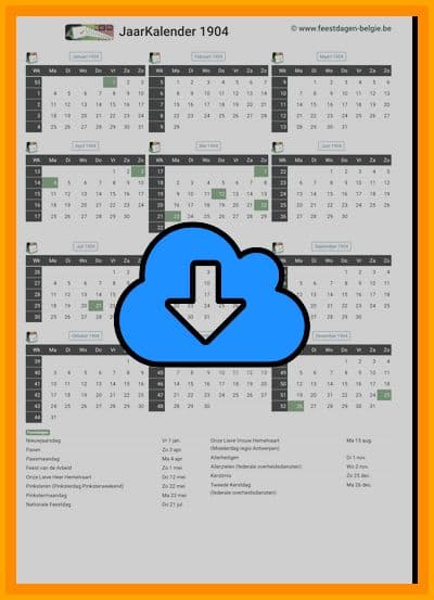 thumbnail jaarkalender voor het jaar 1904 in papierformaat A4 Staand Landscape en bestandsformaat PDF Adobe Acrobat met Feestdagen België 