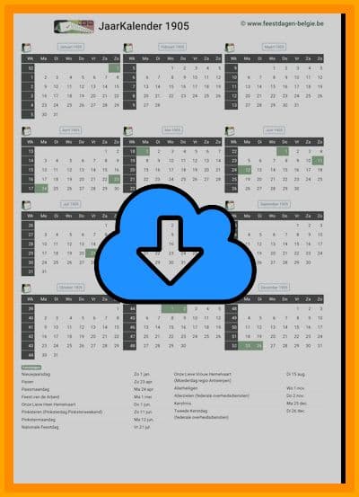 thumbnail jaarkalender voor het jaar 1905 in papierformaat A4 Staand Landscape en bestandsformaat PDF Adobe Acrobat met Feestdagen België 