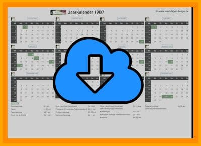 thumbnail jaarkalender voor het jaar 1907 in papierformaat A4 Liggend Landscape en bestandsformaat PDF Adobe Acrobat met Feestdagen België 