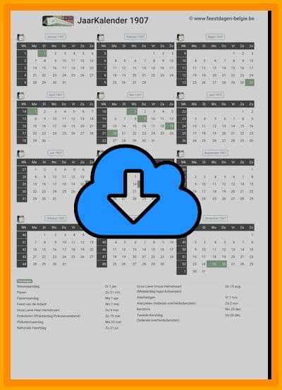 thumbnail jaarkalender voor het jaar 1907 in papierformaat A4 Staand Landscape en bestandsformaat PDF Adobe Acrobat met Feestdagen België 