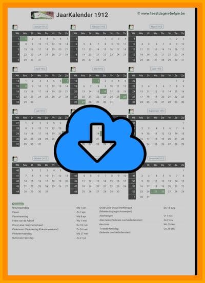 thumbnail jaarkalender voor het jaar 1912 in papierformaat A4 Staand Landscape en bestandsformaat PDF Adobe Acrobat met Feestdagen België 