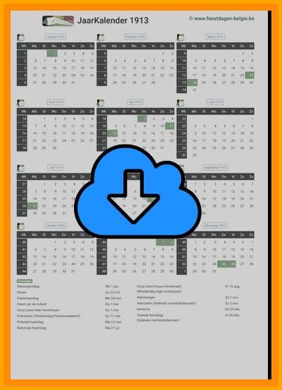 thumbnail jaarkalender voor het jaar 1913 in papierformaat A4 Staand Landscape en bestandsformaat PDF Adobe Acrobat met Feestdagen België 