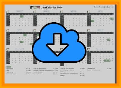 thumbnail jaarkalender voor het jaar 1914 in papierformaat A4 Liggend Landscape en bestandsformaat PDF Adobe Acrobat met Feestdagen België 