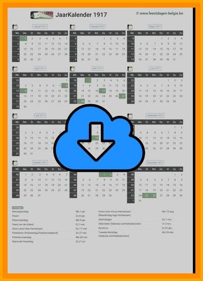 thumbnail jaarkalender voor het jaar 1917 in papierformaat A4 Staand Landscape en bestandsformaat PDF Adobe Acrobat met Feestdagen België 