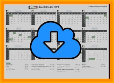 thumbnail jaarkalender voor het jaar 1923 in papierformaat A4 Liggend Landscape en bestandsformaat PDF Adobe Acrobat met Feestdagen België 