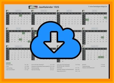 thumbnail jaarkalender voor het jaar 1925 in papierformaat A4 Liggend Landscape en bestandsformaat PDF Adobe Acrobat met Feestdagen België 