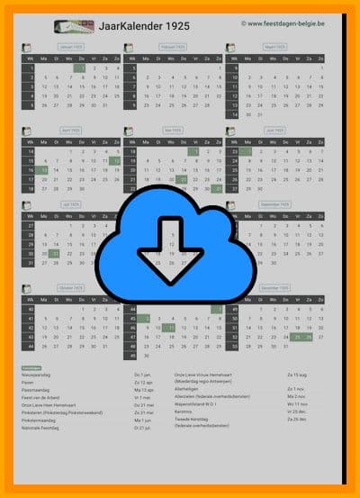 thumbnail jaarkalender voor het jaar 1925 in papierformaat A4 Staand Landscape en bestandsformaat PDF Adobe Acrobat met Feestdagen België 