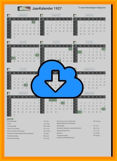 thumbnail jaarkalender voor het jaar 1927 in papierformaat A4 Staand Landscape en bestandsformaat PDF Adobe Acrobat met Feestdagen België 
