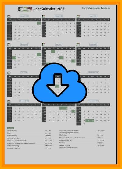 thumbnail jaarkalender voor het jaar 1928 in papierformaat A4 Staand Landscape en bestandsformaat PDF Adobe Acrobat met Feestdagen België 