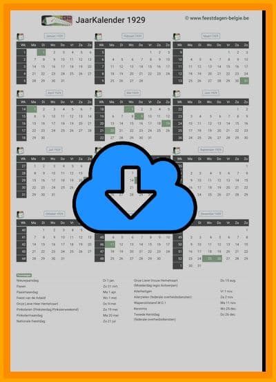 thumbnail jaarkalender voor het jaar 1929 in papierformaat A4 Staand Landscape en bestandsformaat PDF Adobe Acrobat met Feestdagen België 