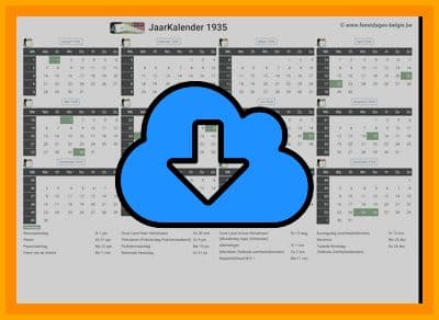 thumbnail jaarkalender voor het jaar 1935 in papierformaat A4 Liggend Landscape en bestandsformaat PDF Adobe Acrobat met Feestdagen België 