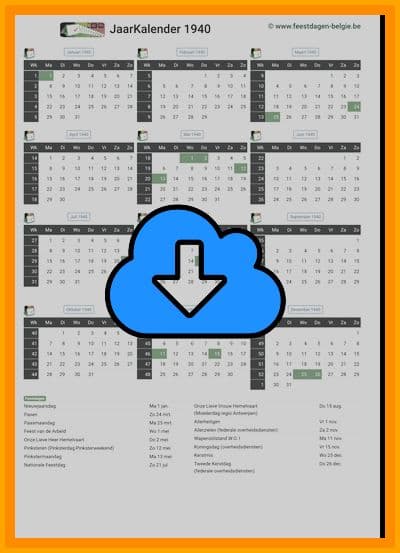 thumbnail jaarkalender voor het jaar 1940 in papierformaat A4 Staand Landscape en bestandsformaat PDF Adobe Acrobat met Feestdagen België 