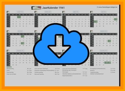 thumbnail jaarkalender voor het jaar 1941 in papierformaat A4 Liggend Landscape en bestandsformaat PDF Adobe Acrobat met Feestdagen België 